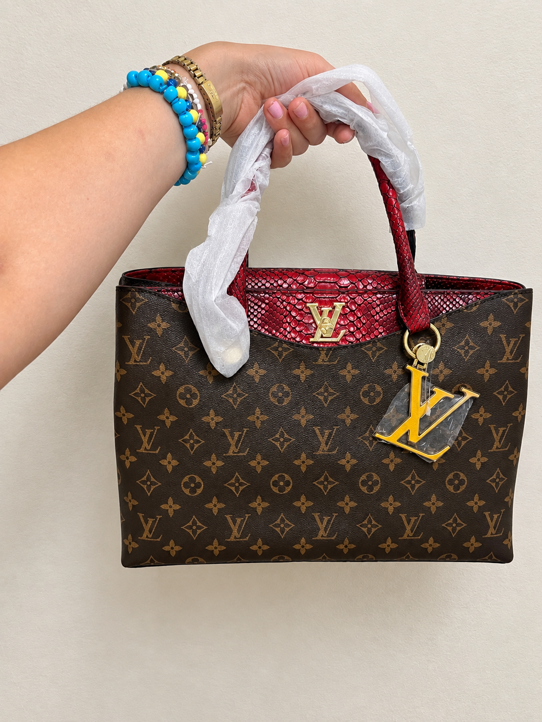 Luxury Structured Handbag — Red Accent & Silk Velvet Interior