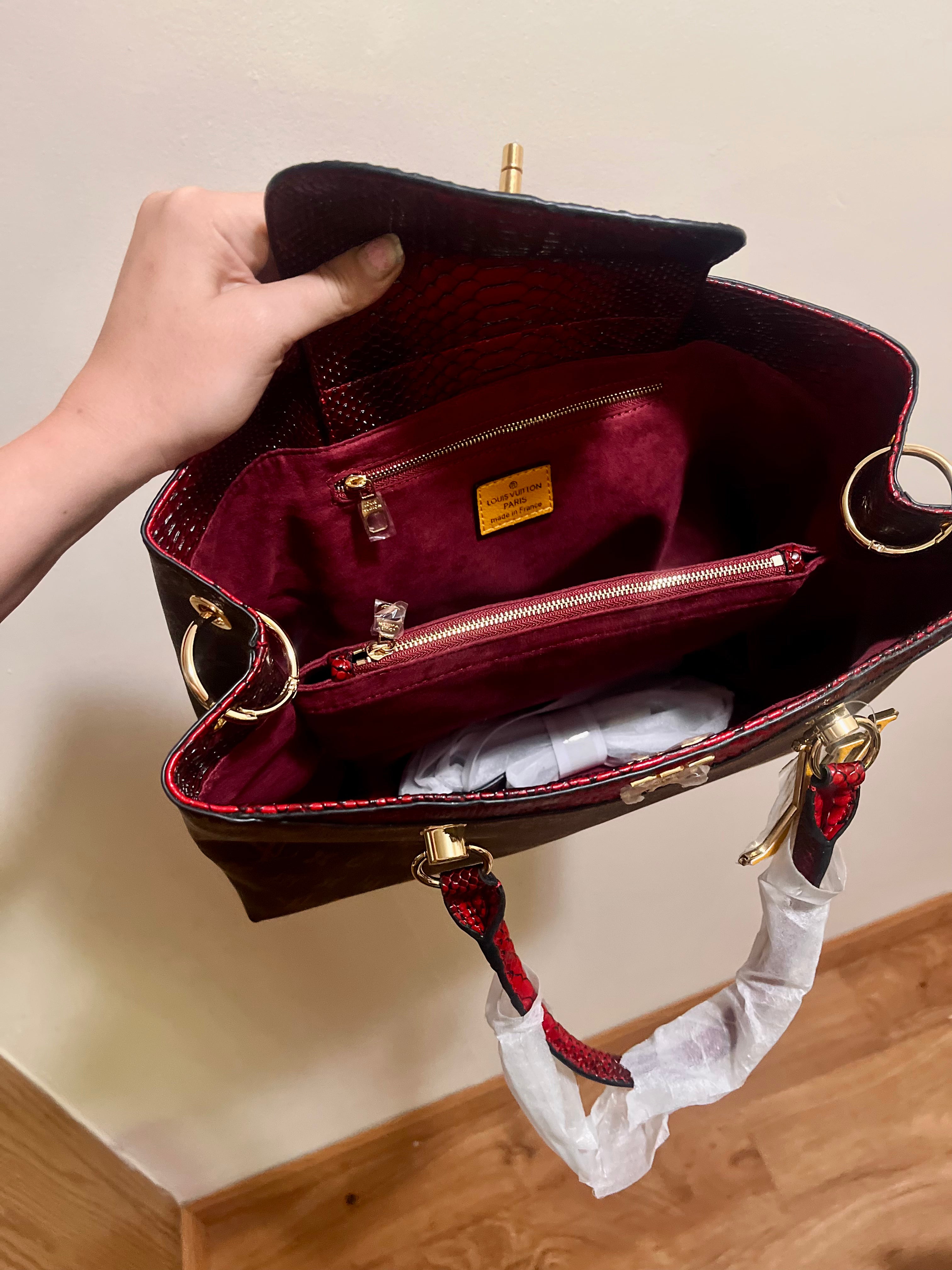Luxury Structured Handbag — Red Accent & Silk Velvet Interior
