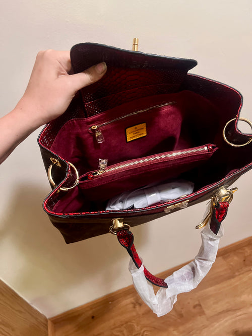 Luxury Structured Handbag — Red Accent & Silk Velvet Interior