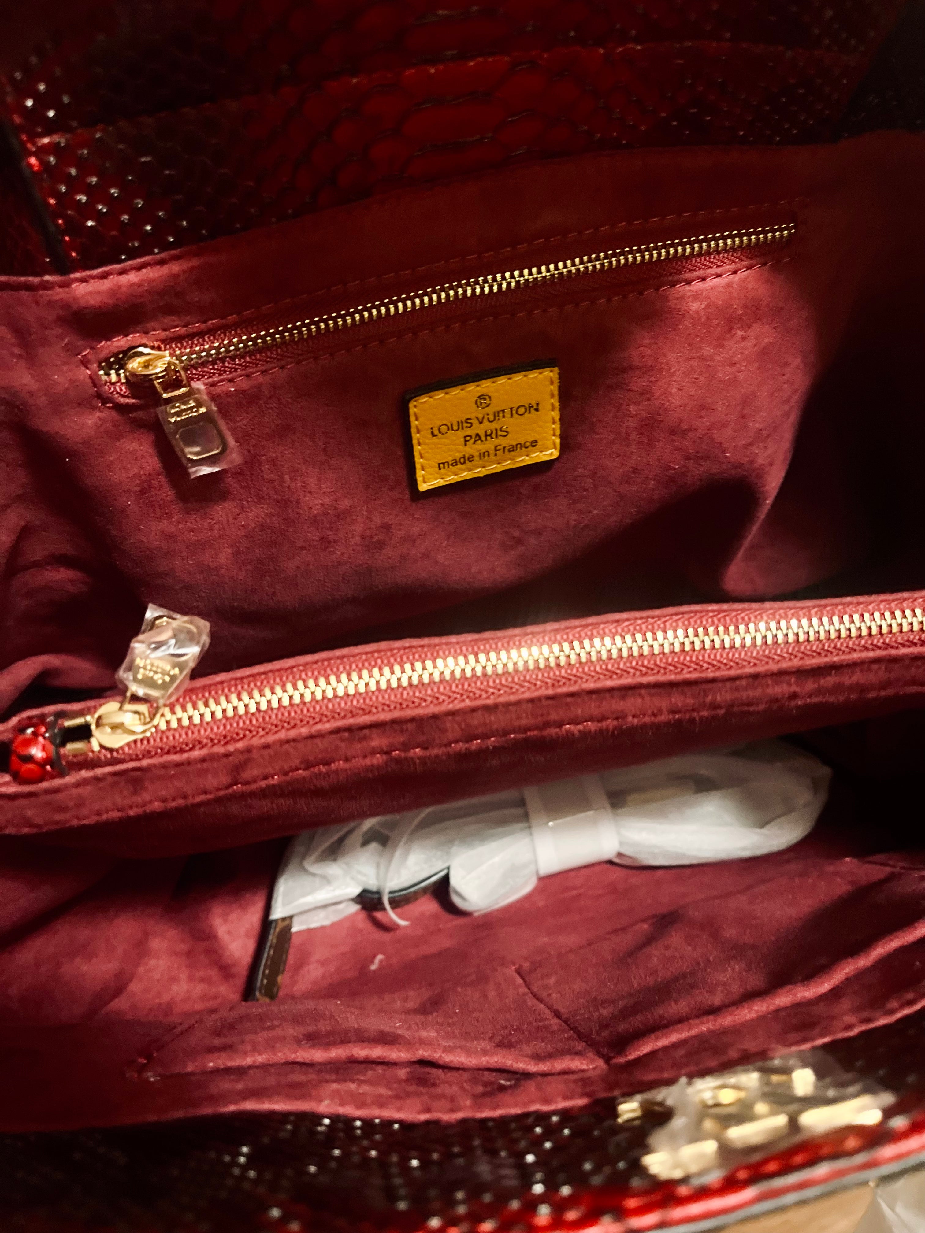 Luxury Structured Handbag — Red Accent & Silk Velvet Interior
